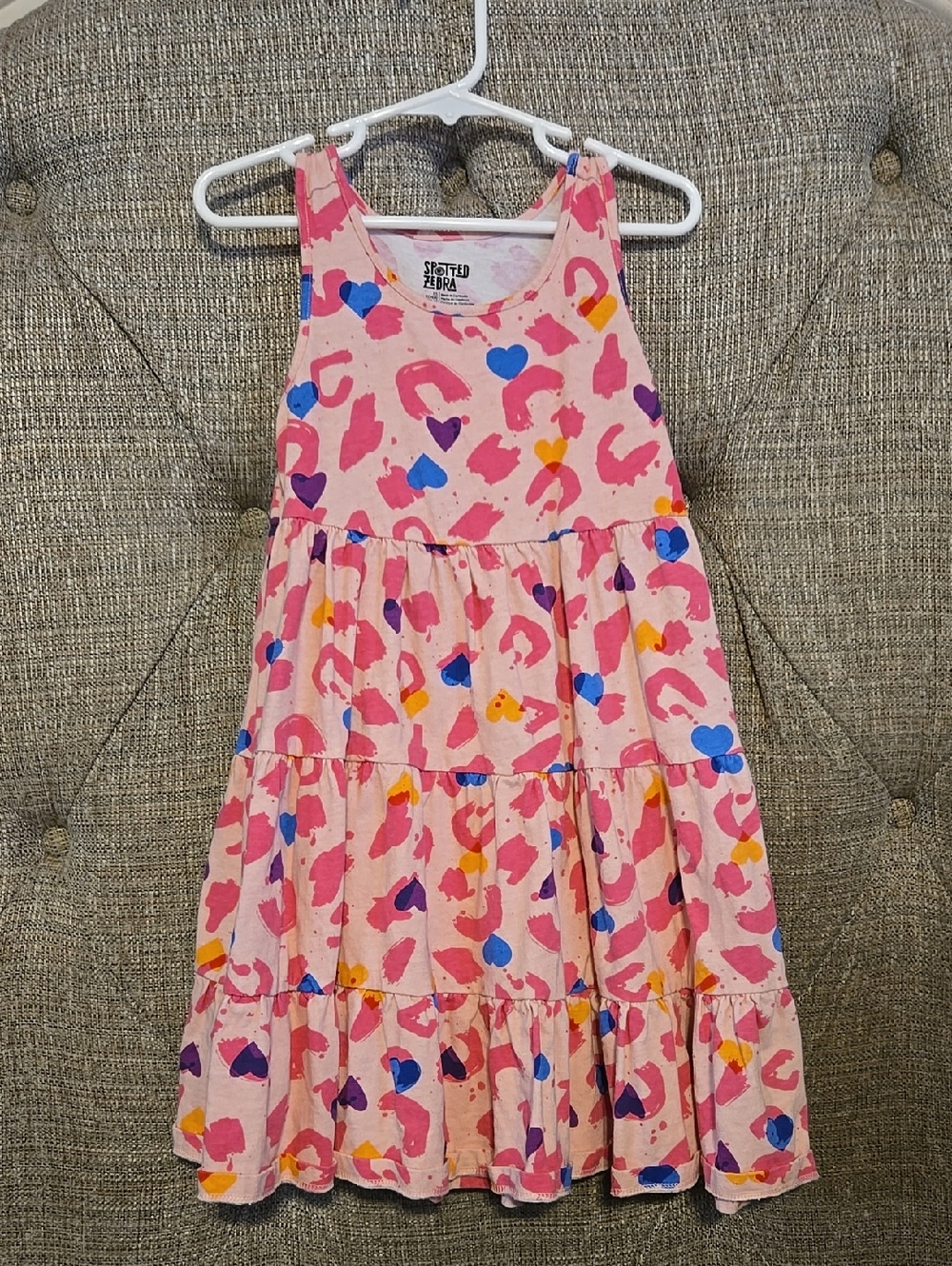 Girls 4/5 Pink Tiered Leopard Hearts Print Dress